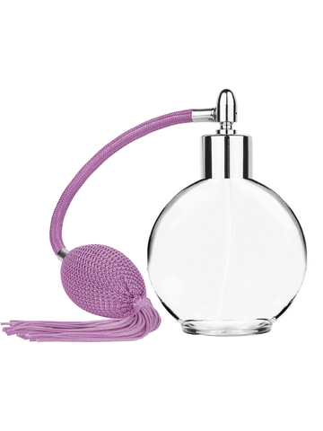 Round design 128 ml, 4.33oz  clear glass bottle  with Lavender vintage style bulb sprayer with Tasseland shiny silver collar cap.