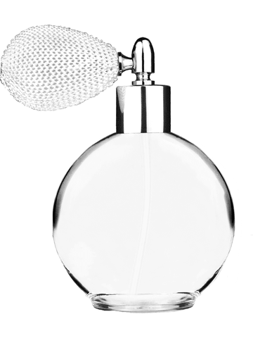 Round design 128 ml, 4.33oz  clear glass bottle  with white vintage style bulb sprayer with shiny silver collar cap.