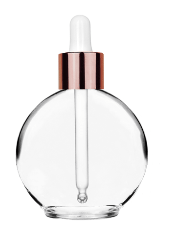 Round design 128 ml, 4.33oz  clear glass bottle  with white dropper with shiny copper collar cap.