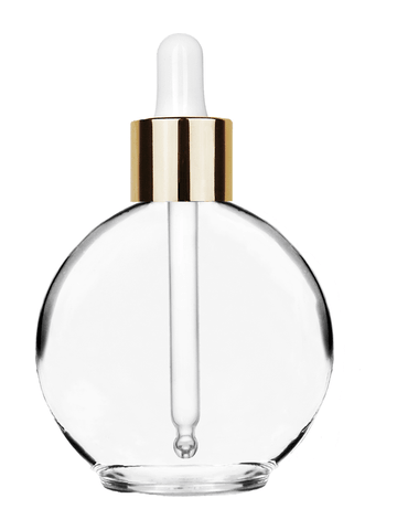 Round design 128 ml, 4.33oz  clear glass bottle  with white dropper with shiny gold collar cap.