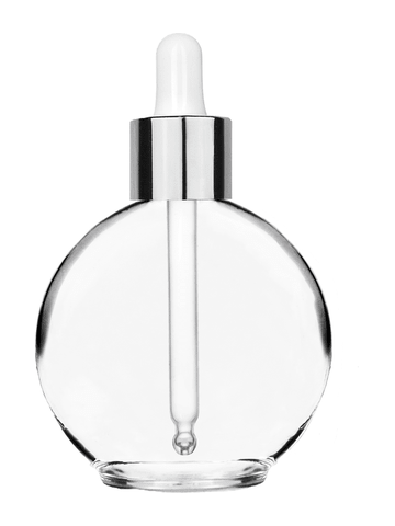 Round design 128 ml, 4.33oz  clear glass bottle  with white dropper with shiny silver collar cap.