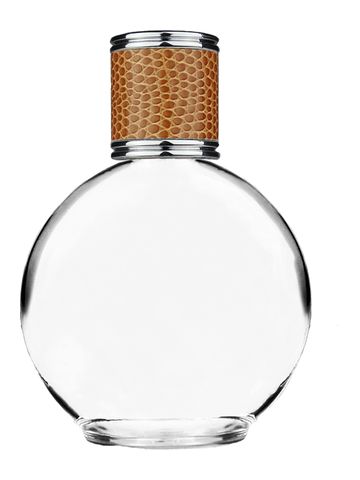 Round design 128 ml, 4.33oz  clear glass bottle  with reducer and brown faux leather cap.