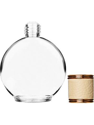 Round design 128 ml, 4.33oz  clear glass bottle  with reducer and ivory faux leather cap.