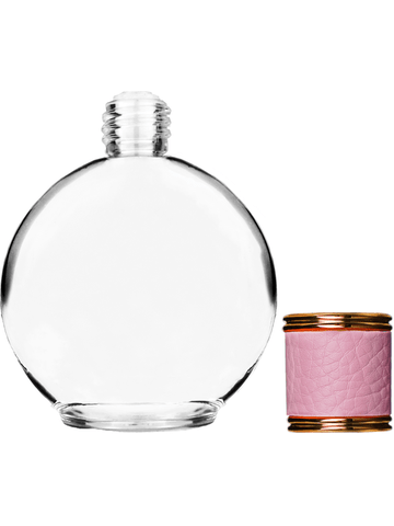 Round design 128 ml, 4.33oz  clear glass bottle  with reducer and pink faux leather cap.