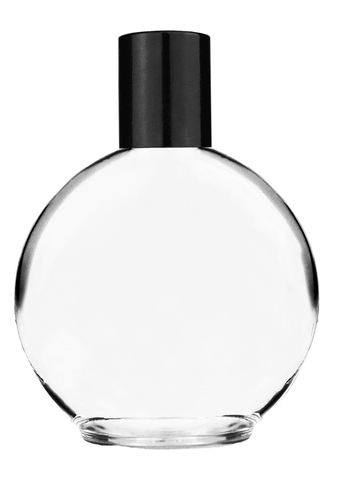 Round design 128 ml, 4.33oz  clear glass bottle  with reducer and tall black shiny cap.