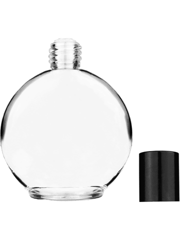 Round design 128 ml, 4.33oz  clear glass bottle  with reducer and tall black shiny cap.