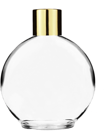 Round design 128 ml, 4.33oz  clear glass bottle  with reducer and shiny gold cap.