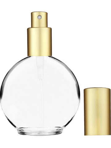 Round design 128 ml, 4.33oz  clear glass bottle  with matte gold spray pump.