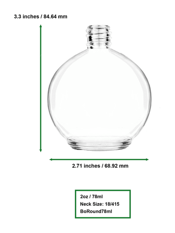 Round design 78 ml, 2.65oz  clear glass bottle  with black vintage style bulb sprayer with shiny silver collar cap.