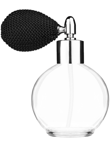 Round design 78 ml, 2.65oz  clear glass bottle  with black vintage style bulb sprayer with shiny silver collar cap.