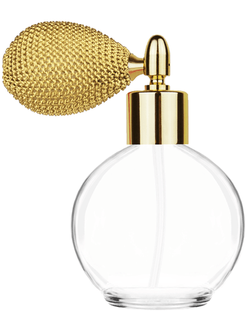 Round design 78 ml, 2.65oz  clear glass bottle  with gold vintage style sprayer with shiny gold collar cap.