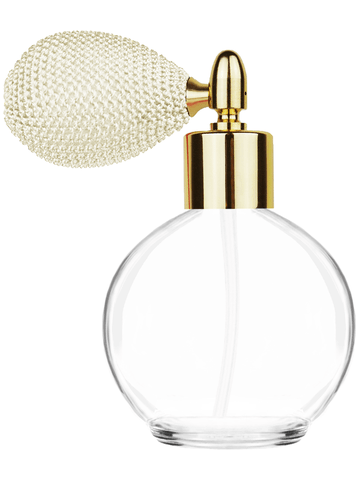 Round design 78 ml, 2.65oz  clear glass bottle  with ivory vintage style bulb sprayer with shiny gold collar cap.