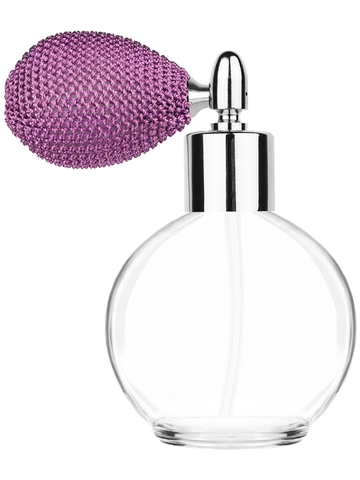 Round design 78 ml, 2.65oz  clear glass bottle  with lavender vintage style bulb sprayer with shiny silver collar cap.