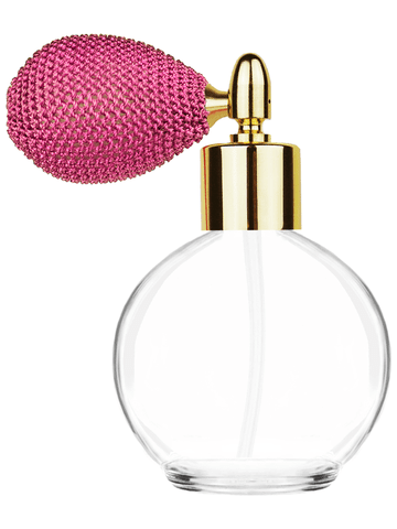 Round design 78 ml, 2.65oz  clear glass bottle  with pink vintage style bulb sprayer with shiny gold collar cap.