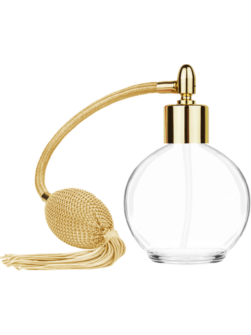 Round design 78 ml, 2.65oz  clear glass bottle  with Gold vintage style bulb sprayer with tasseland shiny gold collar cap.