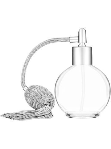 Round design 78 ml, 2.65oz  clear glass bottle  with Silver vintage style bulb sprayer with tasseland matte silver collar cap.