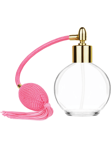 Round design 78 ml, 2.65oz  clear glass bottle  with Pink vintage style bulb sprayer with tassel and shiny gold collar cap.