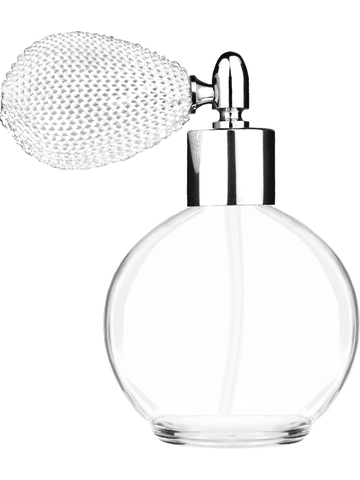 Round design 78 ml, 2.65oz  clear glass bottle  with white vintage style bulb sprayer with shiny silver collar cap.