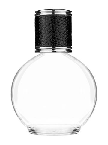 Round design 78 ml, 2.65oz  clear glass bottle  with reducer and black faux leather cap.