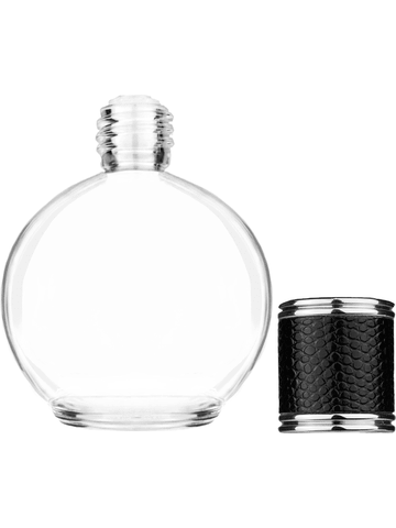 Round design 78 ml, 2.65oz  clear glass bottle  with reducer and black faux leather cap.