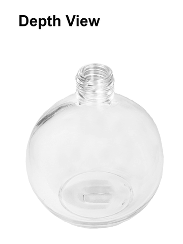 Round design 78 ml, 2.65oz  clear glass bottle  with reducer and brown faux leather cap.