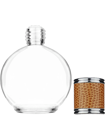 Round design 78 ml, 2.65oz  clear glass bottle  with reducer and brown faux leather cap.