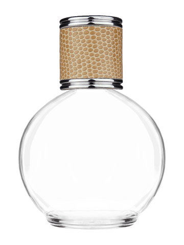 Round design 78 ml, 2.65oz  clear glass bottle  with reducer and light brown faux leather cap.