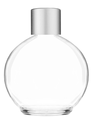 Round design 78 ml, 2.65oz  clear glass bottle  with reducer and silver matte cap.