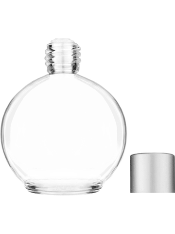 Round design 78 ml, 2.65oz  clear glass bottle  with reducer and silver matte cap.