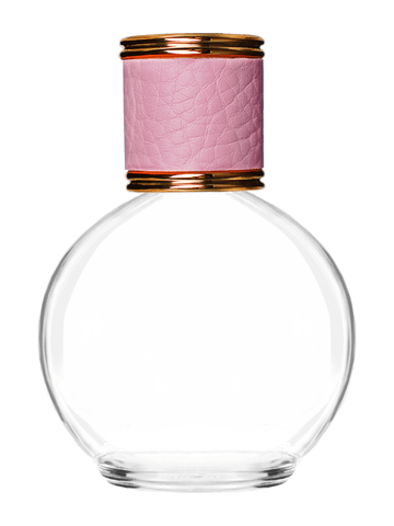 Round design 78 ml, 2.65oz  clear glass bottle  with reducer and pink faux leather cap.