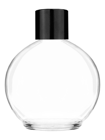 Round design 78 ml, 2.65oz  clear glass bottle  with reducer and black shiny cap.