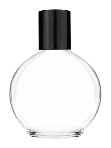 Round design 78 ml, 2.65oz  clear glass bottle  with reducer and tall black shiny cap.