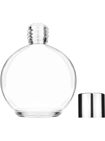 Round design 78 ml, 2.65oz  clear glass bottle  with reducer and shiny silver cap.