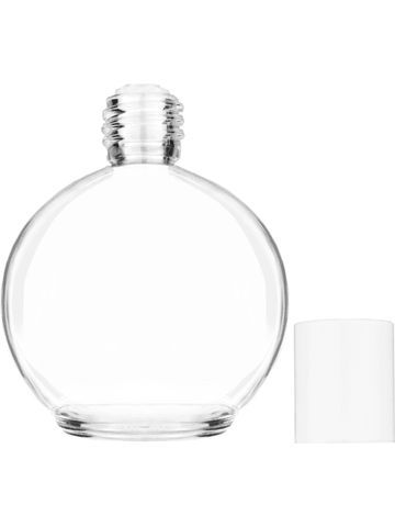 Round design 78 ml, 2.65oz  clear glass bottle  with reducer and white cap.