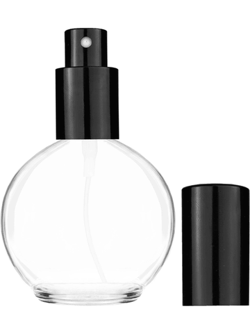 Round design 78 ml, 2.65oz  clear glass bottle  with shiny black spray pump.