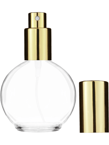 Round design 78 ml, 2.65oz  clear glass bottle  with shiny gold spray pump.