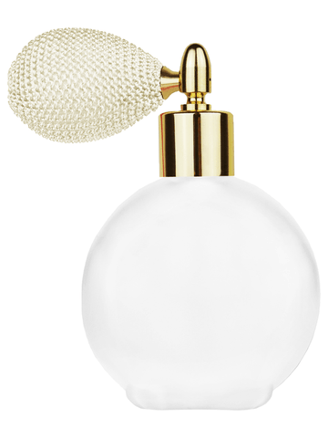 Round design 128 ml, 4.33oz frosted glass bottle with ivory vintage style bulb sprayer with shiny gold collar cap.