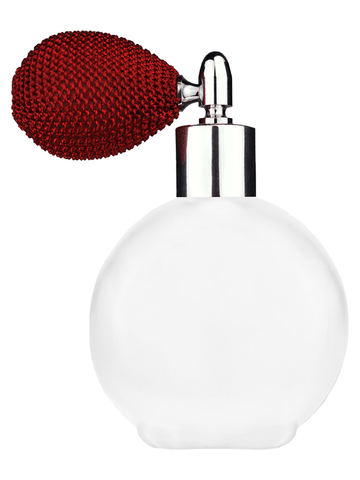 Round design 128 ml, 4.33oz frosted glass bottle with red vintage style bulb sprayer with shiny silver collar cap.