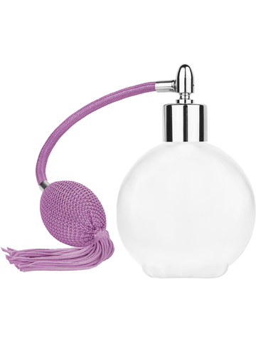 Round design 128 ml, 4.33oz frosted glass bottle with Lavender vintage style bulb sprayer with Tasseland shiny silver collar cap.