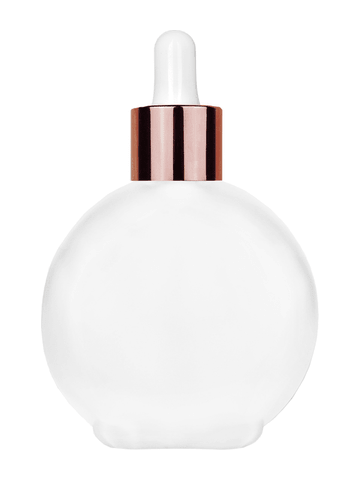 Round design 128 ml, 4.33oz frosted glass bottle with white dropper with shiny copper collar cap.