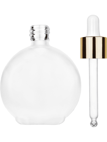 Round design 128 ml, 4.33oz frosted glass bottle with white dropper with shiny gold collar cap.