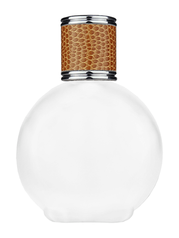 Round design 128 ml, 4.33oz frosted glass bottle with reducer and brown faux leather cap.