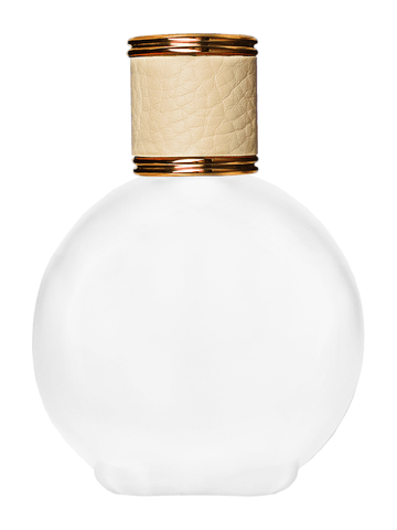 Round design 128 ml, 4.33oz frosted glass bottle with reducer and ivory faux leather cap.