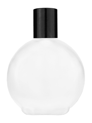 Round design 128 ml, 4.33oz frosted glass bottle with reducer and tall black shiny cap.