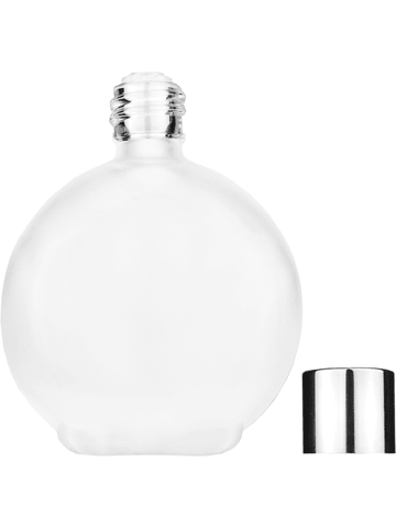 Round design 128 ml, 4.33oz frosted glass bottle with reducer and shiny silver cap.