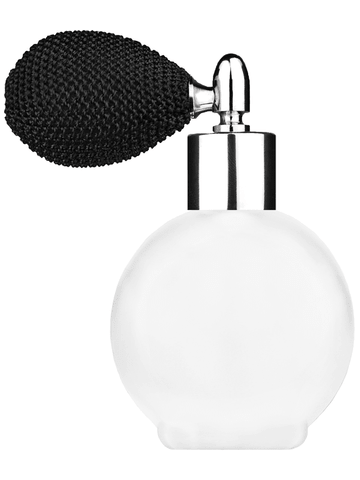 Round design 78 ml, 2.65oz frosted glass bottle with black vintage style bulb sprayer with shiny silver collar cap.