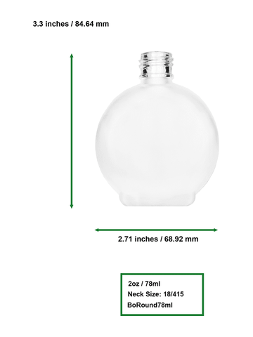 Round design 78 ml, 2.65oz frosted glass bottle with ivory vintage style bulb sprayer with shiny gold collar cap.