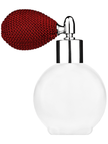 Round design 78 ml, 2.65oz frosted glass bottle with red vintage style bulb sprayer with shiny silver collar cap.