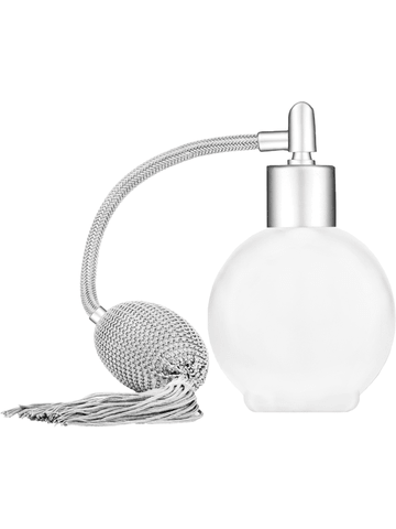 Round design 78 ml, 2.65oz frosted glass bottle with Silver vintage style bulb sprayer with tasseland matte silver collar cap.