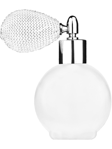 Round design 78 ml, 2.65oz frosted glass bottle with white vintage style bulb sprayer with shiny silver collar cap.